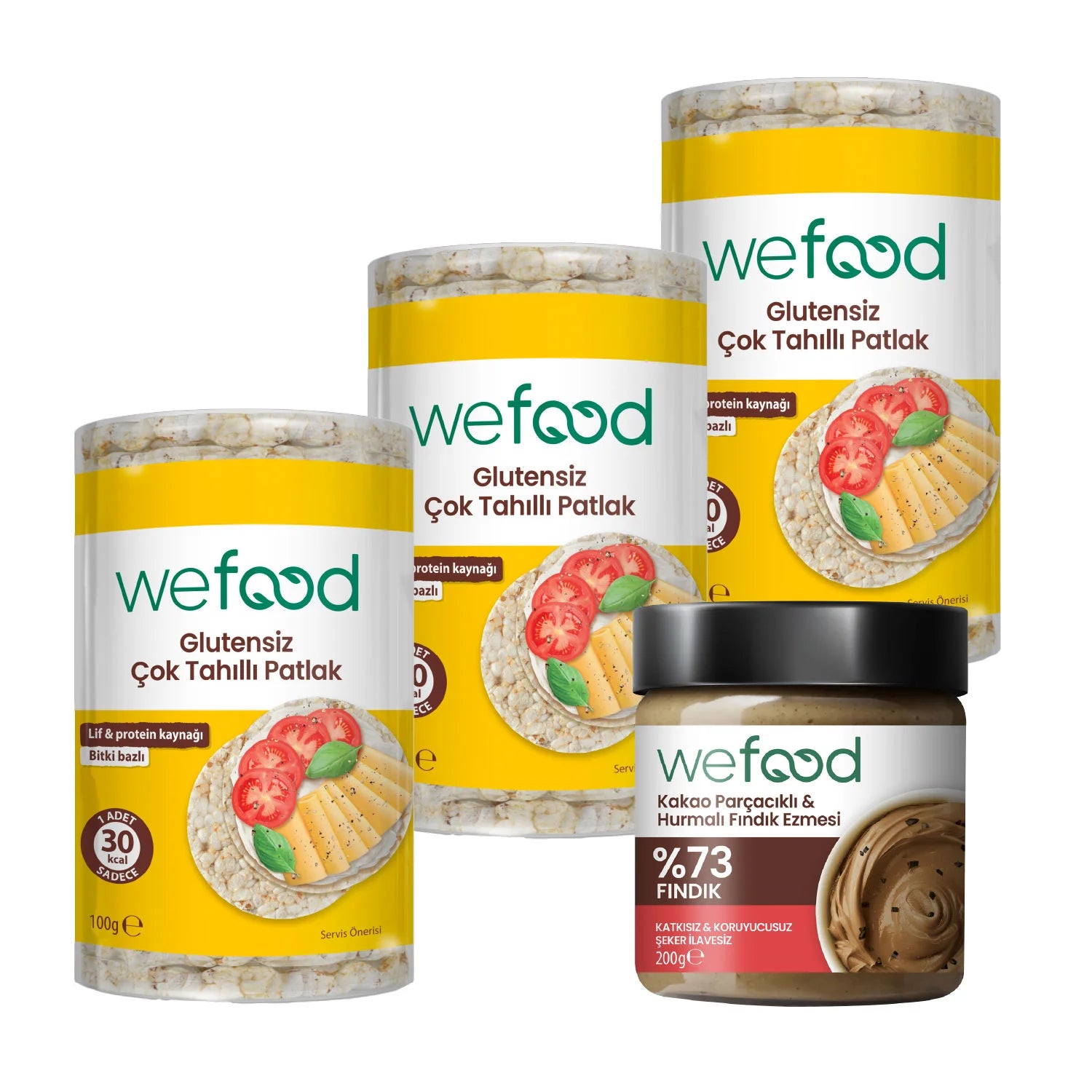 Wefood Kakao Parçacıklı Fındık Ezmesi 200 gr +Wefood Glutensiz Çok Tahıllı Patlak 100 gr 3'lü